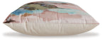 Watercolor pillow with pink, teal, and tan abstract print; side profile view.