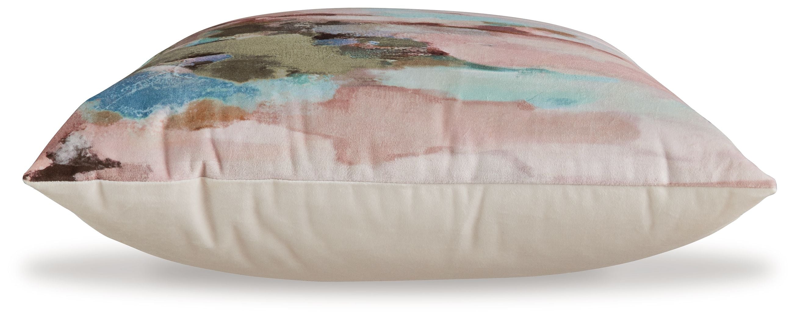 Watercolor pillow with pink, teal, and tan abstract print; side profile view.
