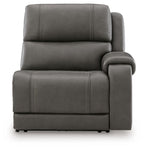 Gray power recliner with side panel arm, vertical stitching, and cushioned back