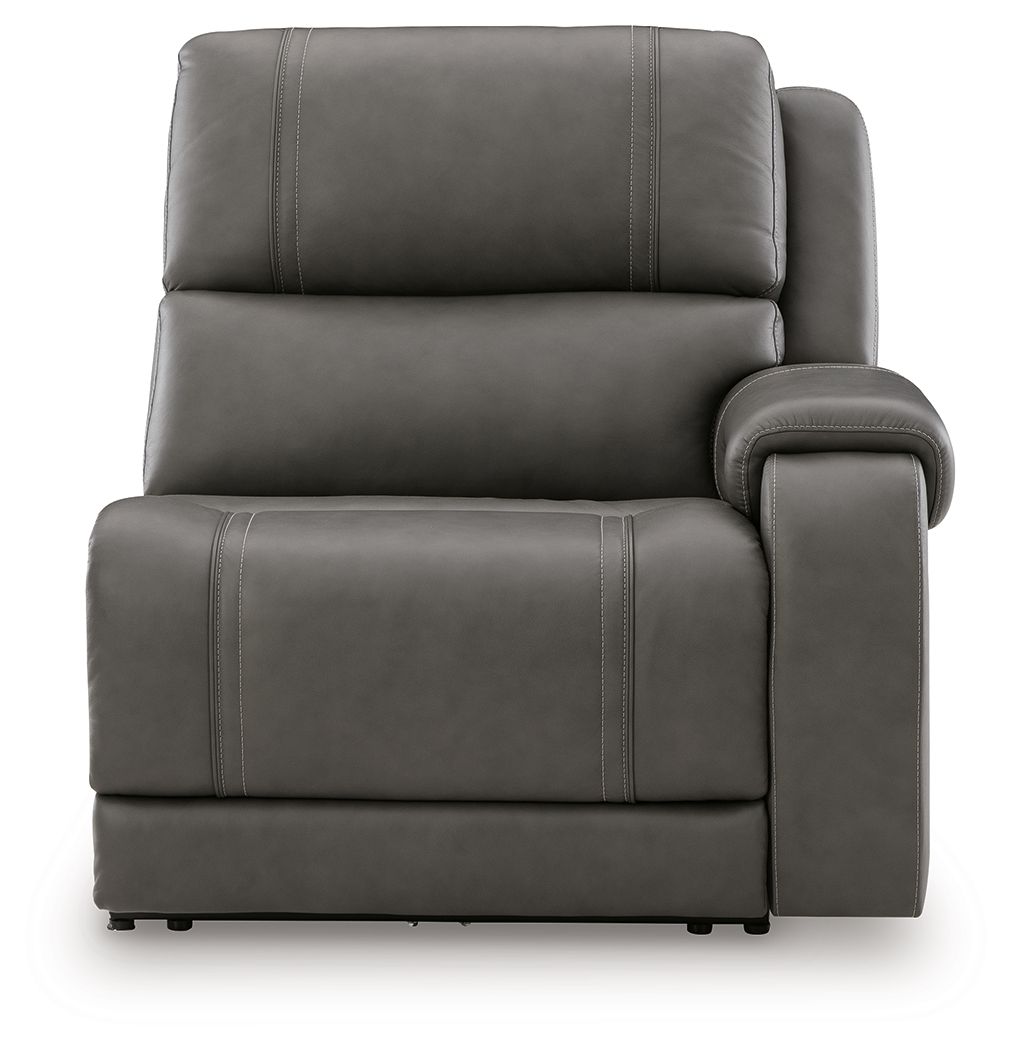 Gray power recliner with side panel arm, vertical stitching, and cushioned back
