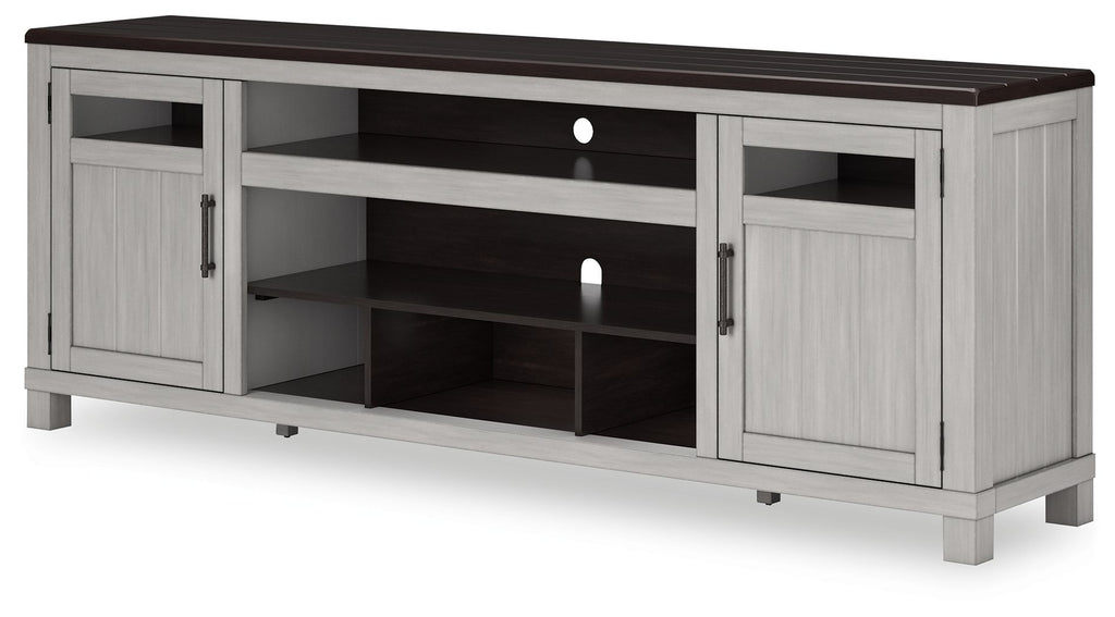 Gray TV stand with dark top, two hinged cabinet doors and open shelf compartments