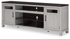 Gray TV stand with dark top, two hinged cabinet doors and open shelf compartments