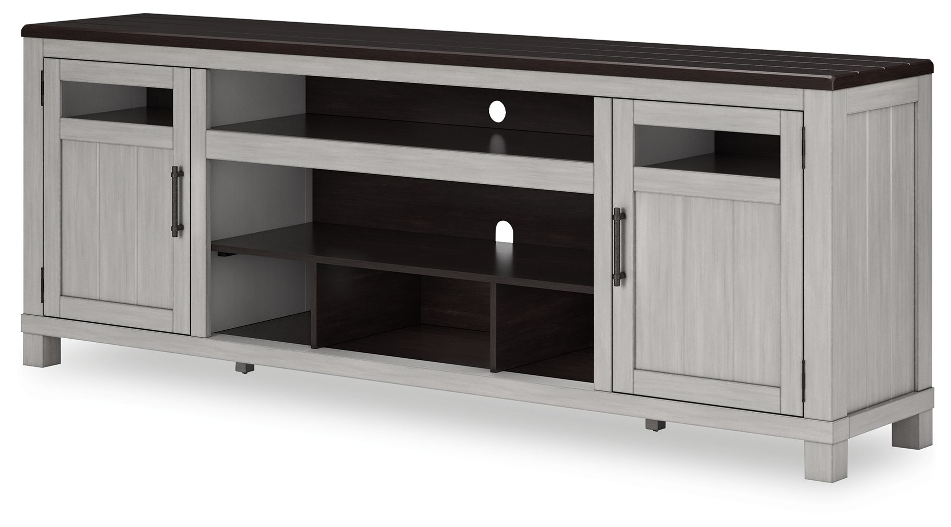 Gray TV stand with dark top, two hinged cabinet doors and open shelf compartments
