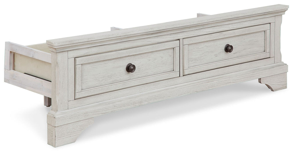 Antique white storage footboard with roll slats and two drawers