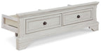Antique white storage footboard with roll slats and two drawers