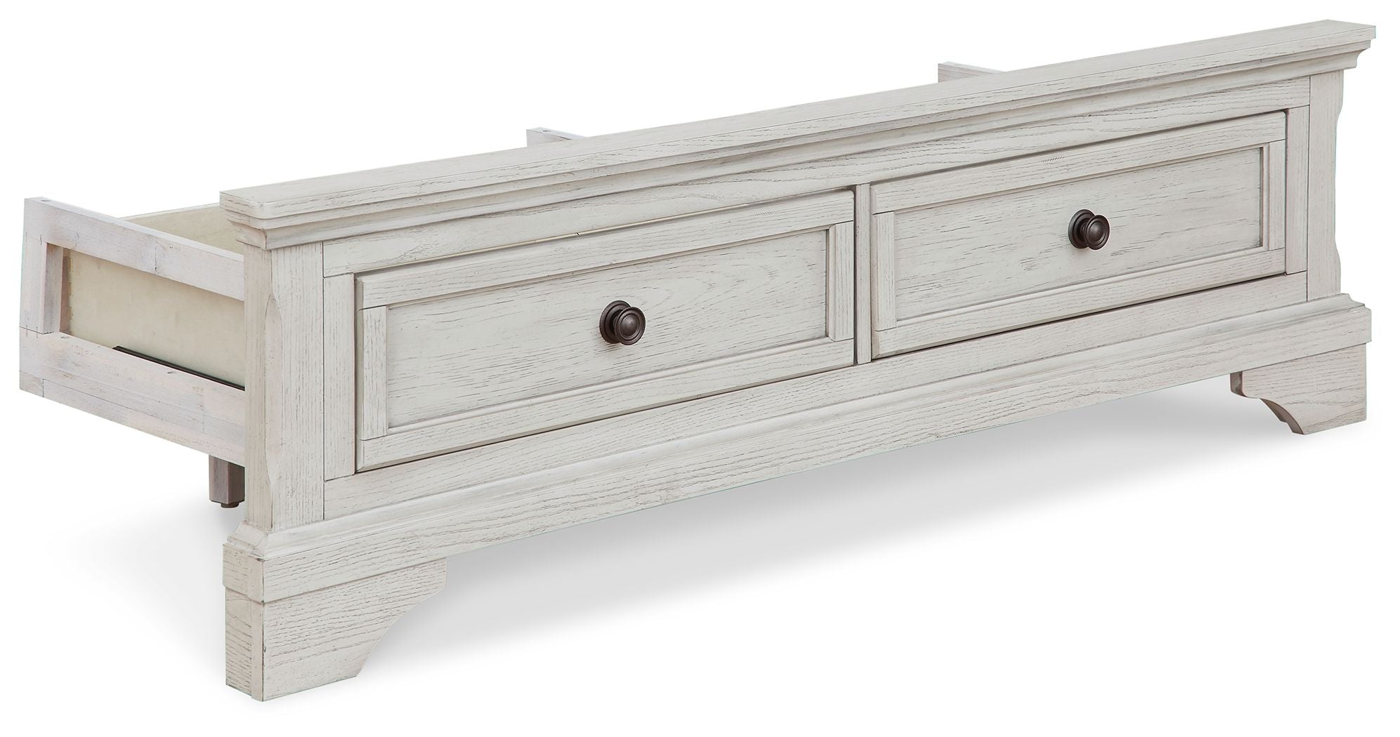 Antique white storage footboard with roll slats and two drawers
