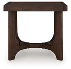 Dark brown rectangular cocktail table with curved apron and centered support rail
