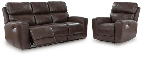 Dark brown reclining sofa and matching recliner chair with padded armrests