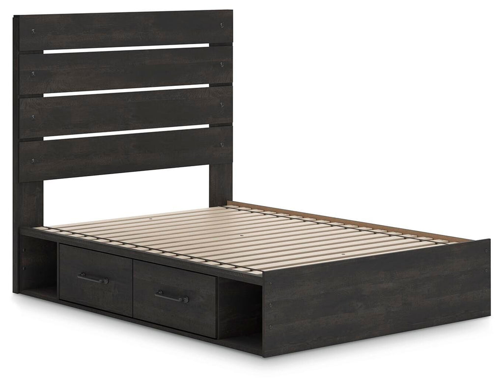 Dark gray panel bed with storage drawers and wooden slat support base, no mattress