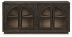 Grayish brown accent cabinet with four arched glass doors on the front