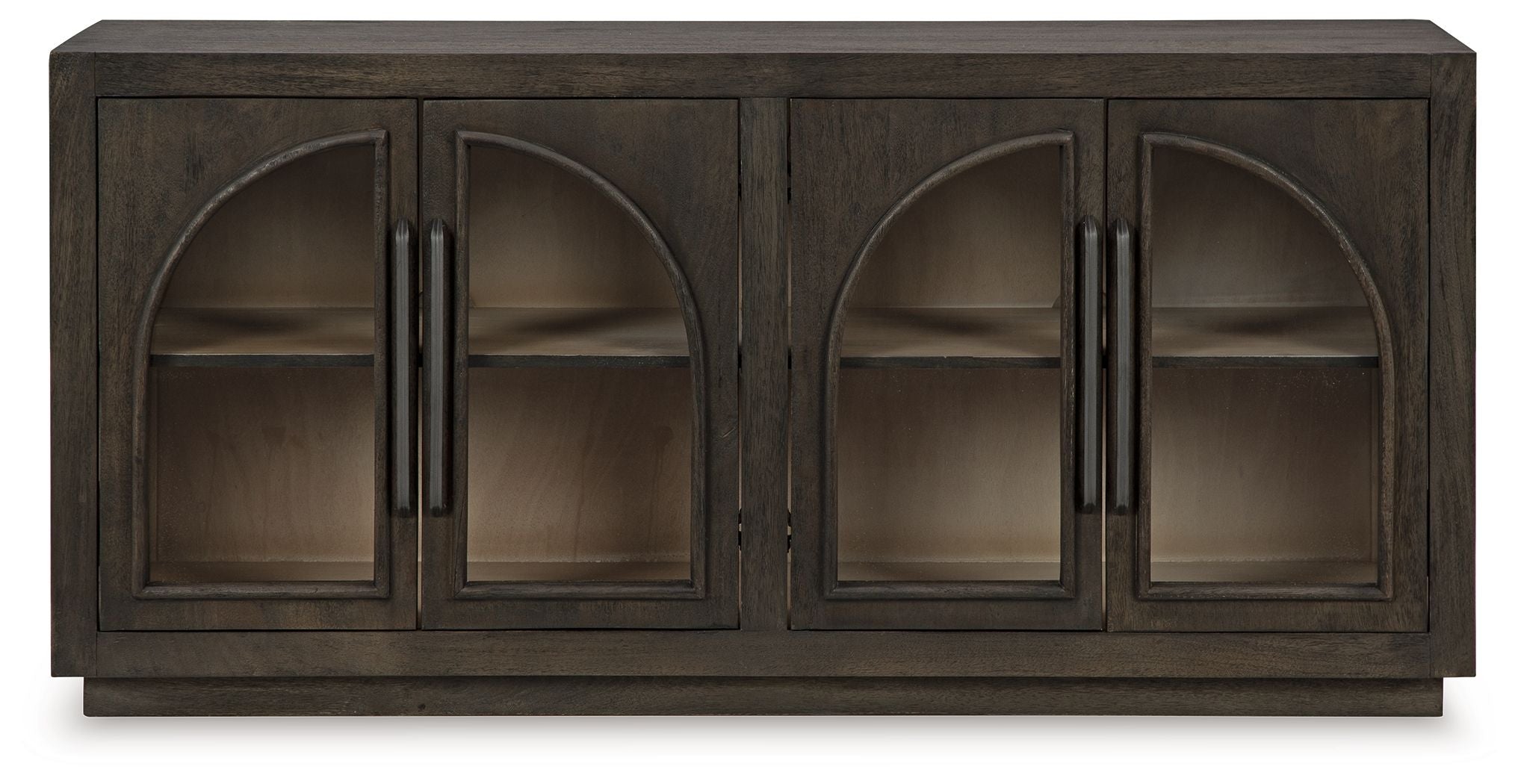 Grayish brown accent cabinet with four arched glass doors on the front