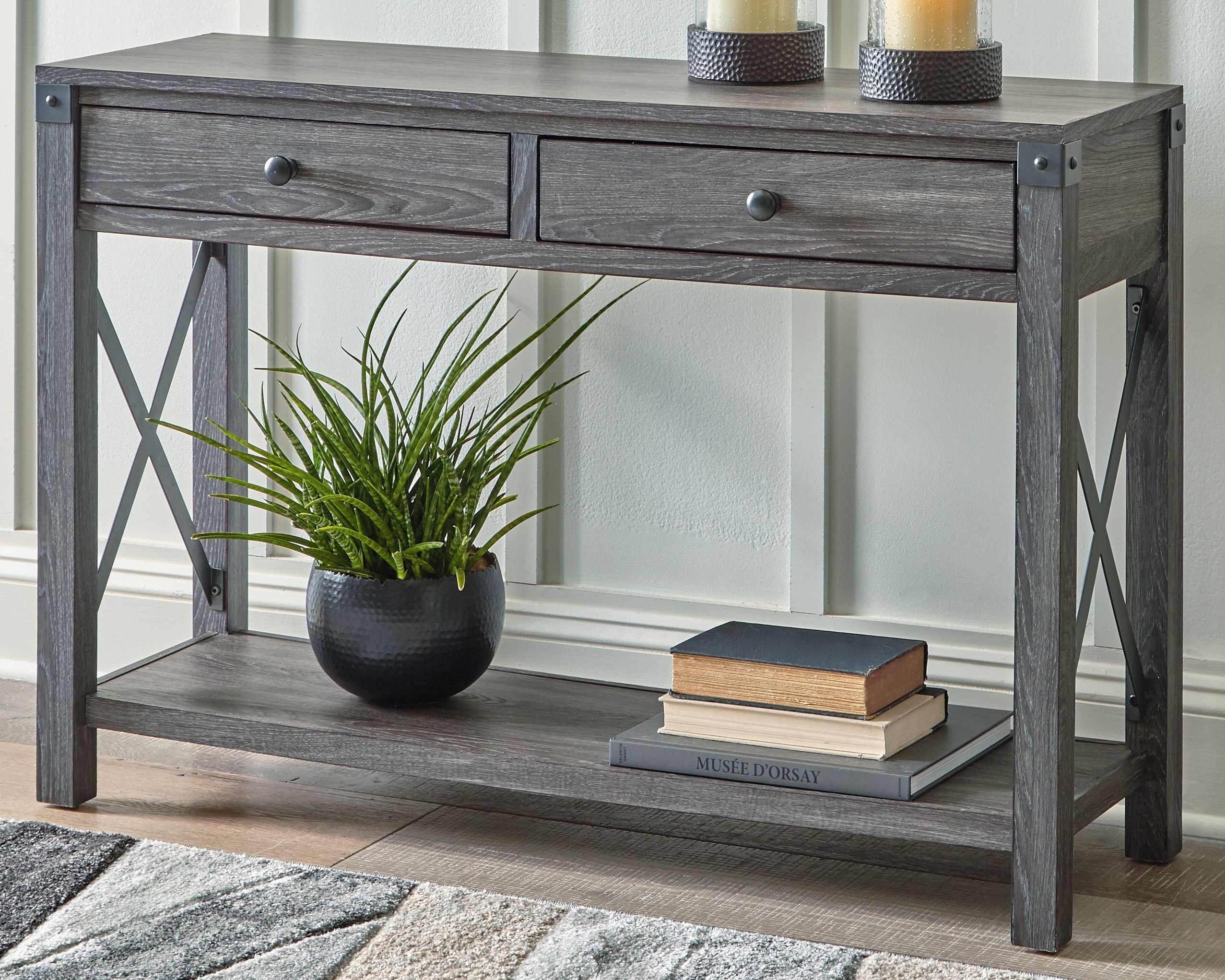 Grayish brown wooden console sofa table with two drawers and X-style side braces
