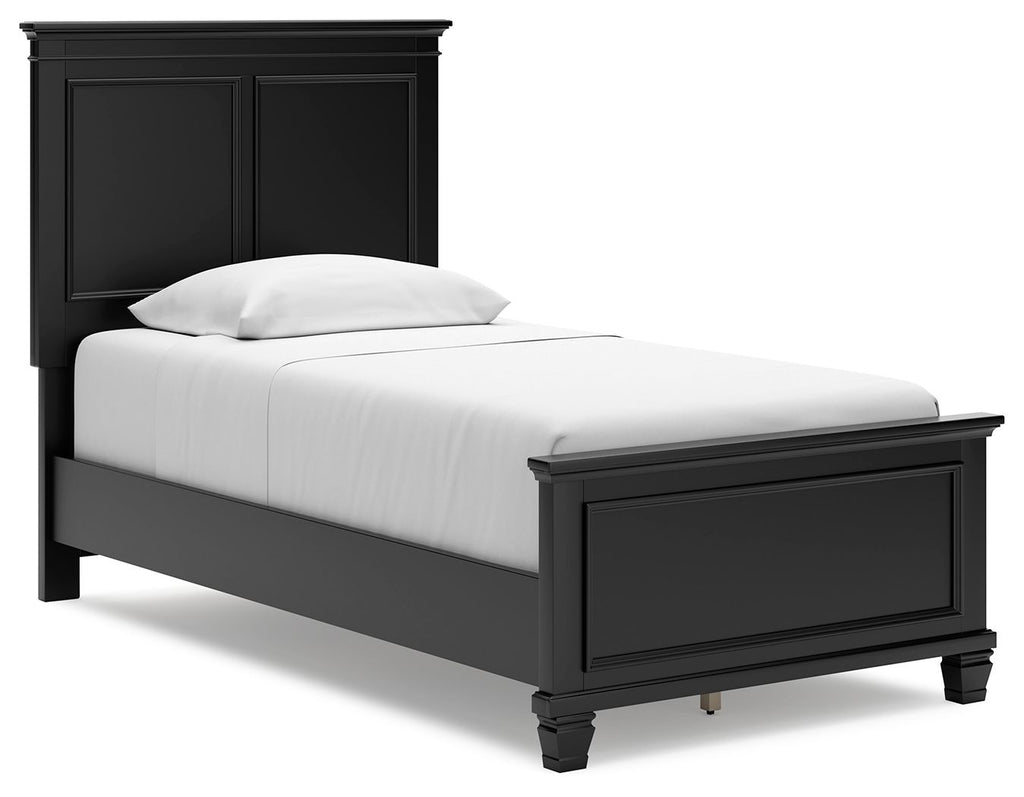 Black panel bed with one drawer and white mattress, paneled headboard and footboard