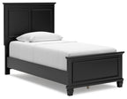 Black panel bed with one drawer and white mattress, paneled headboard and footboard