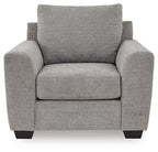 Loreo chair in light gray fabric with tall back, padded seat, and dark tapered legs