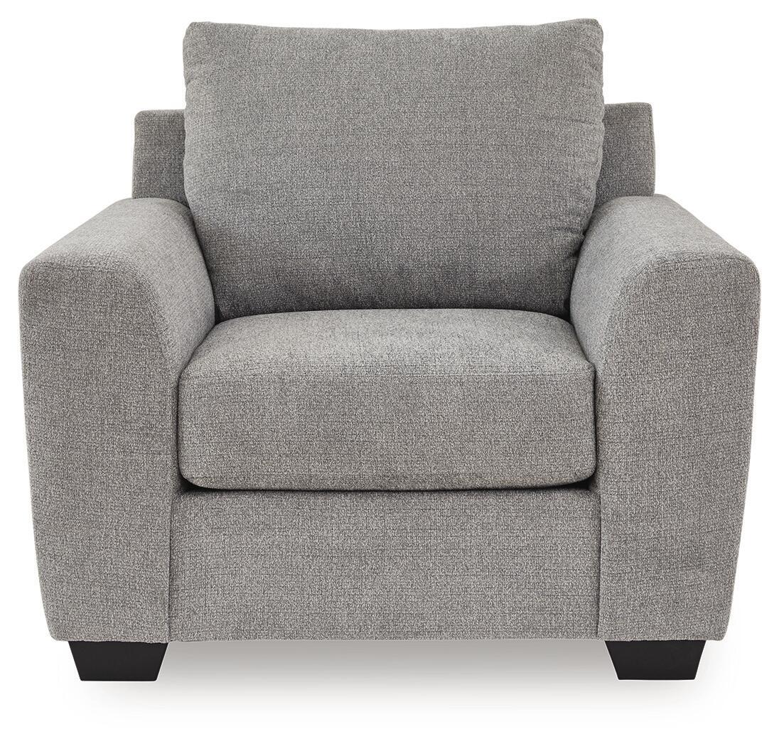 Loreo chair in light gray fabric with tall back, padded seat, and dark tapered legs