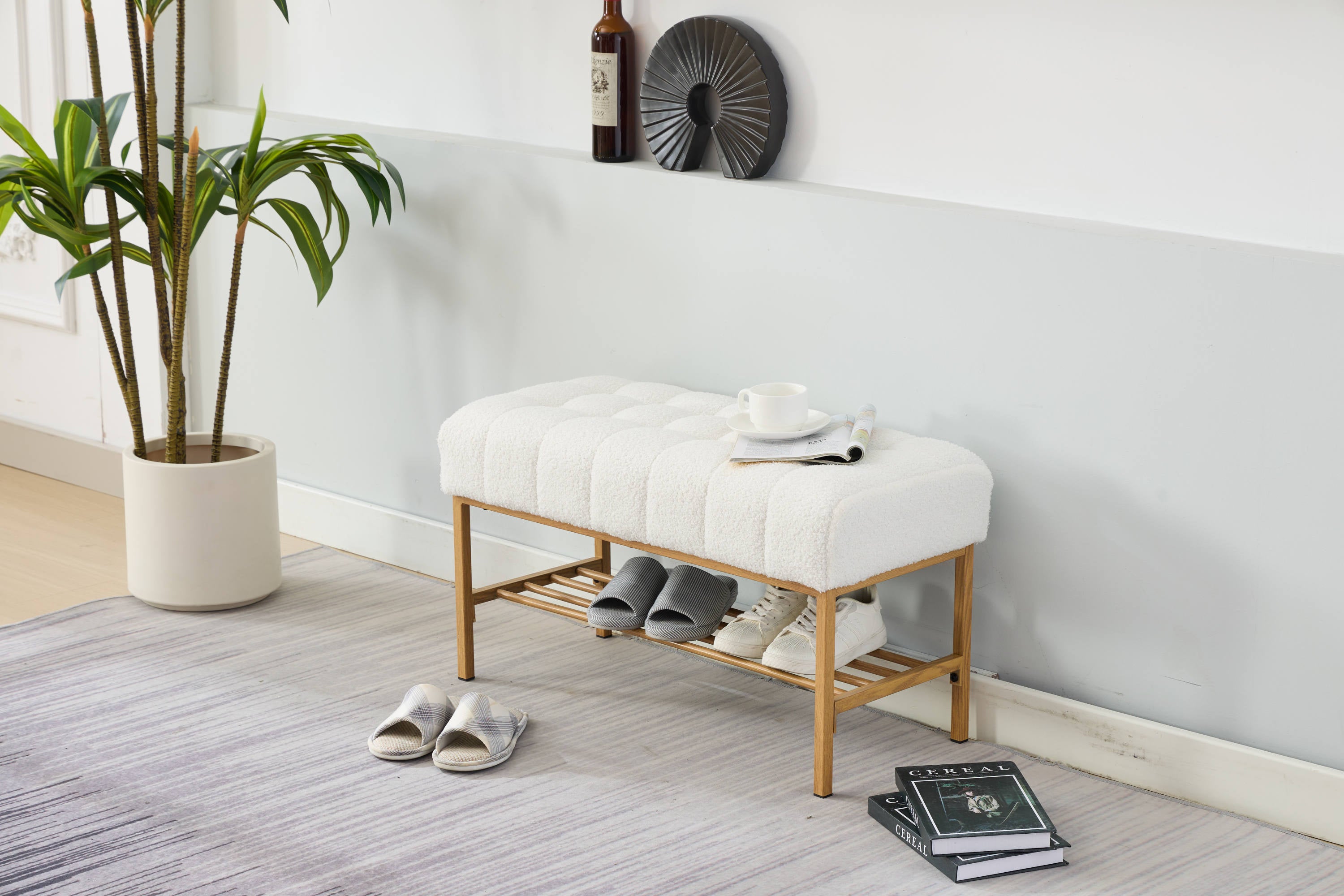 Upholstered Storage Bench with Shelf - Linen White