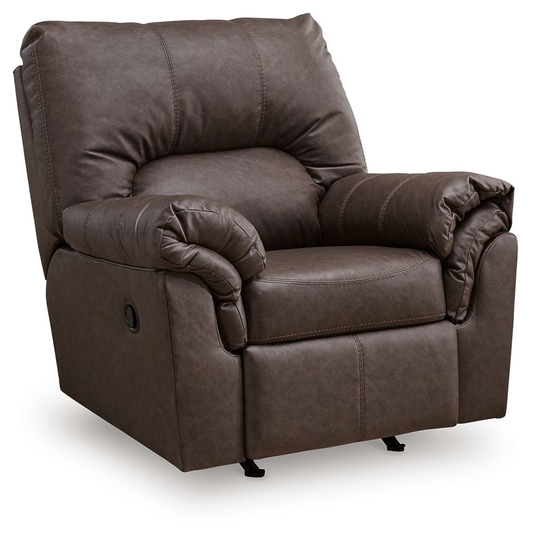 Dark umber upholstered rocker recliner with padded backrest, roll arms, and side panel