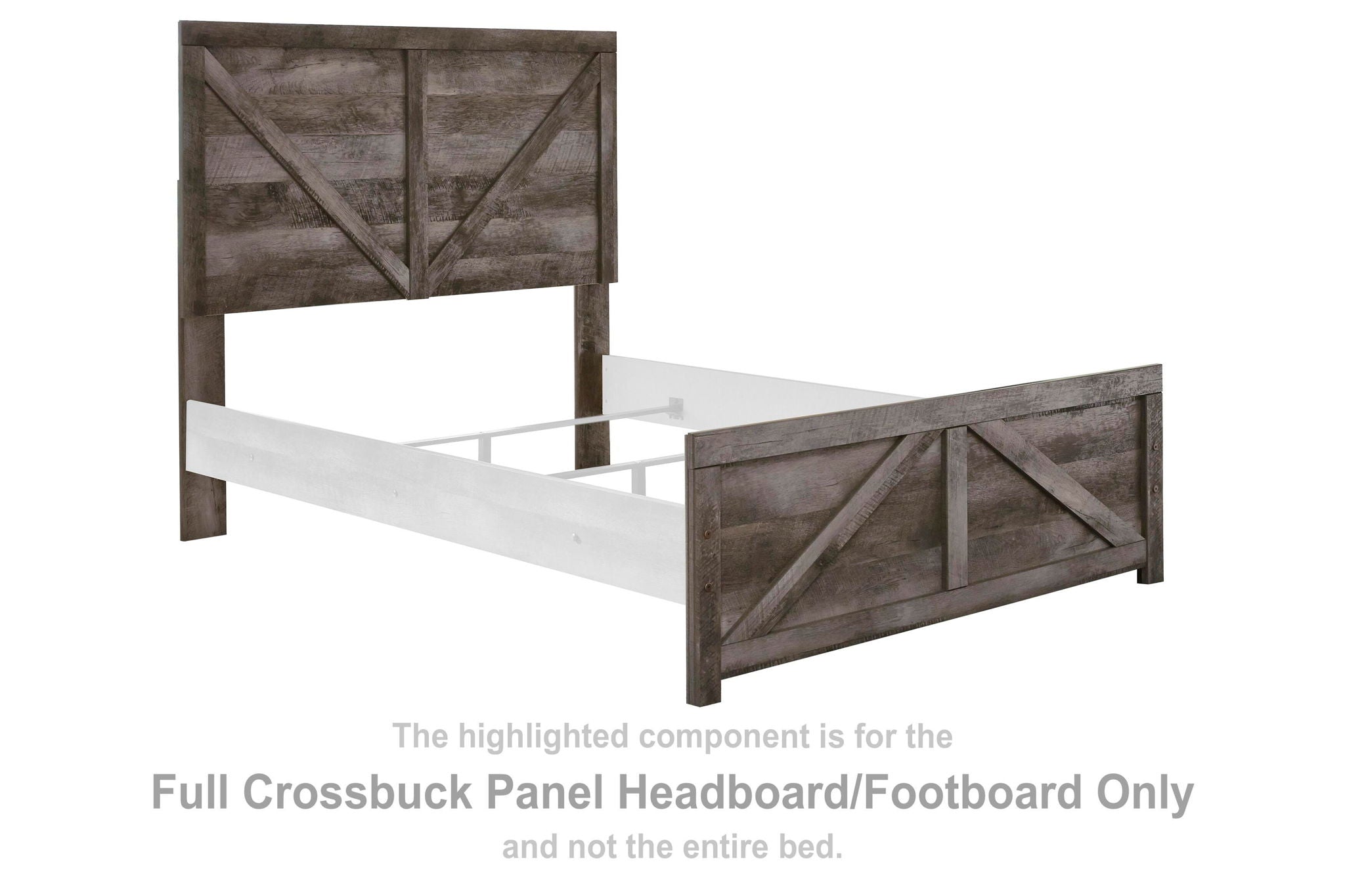 Gray crossbuck panel headboard and footboard, dark wood frame with diagonal design