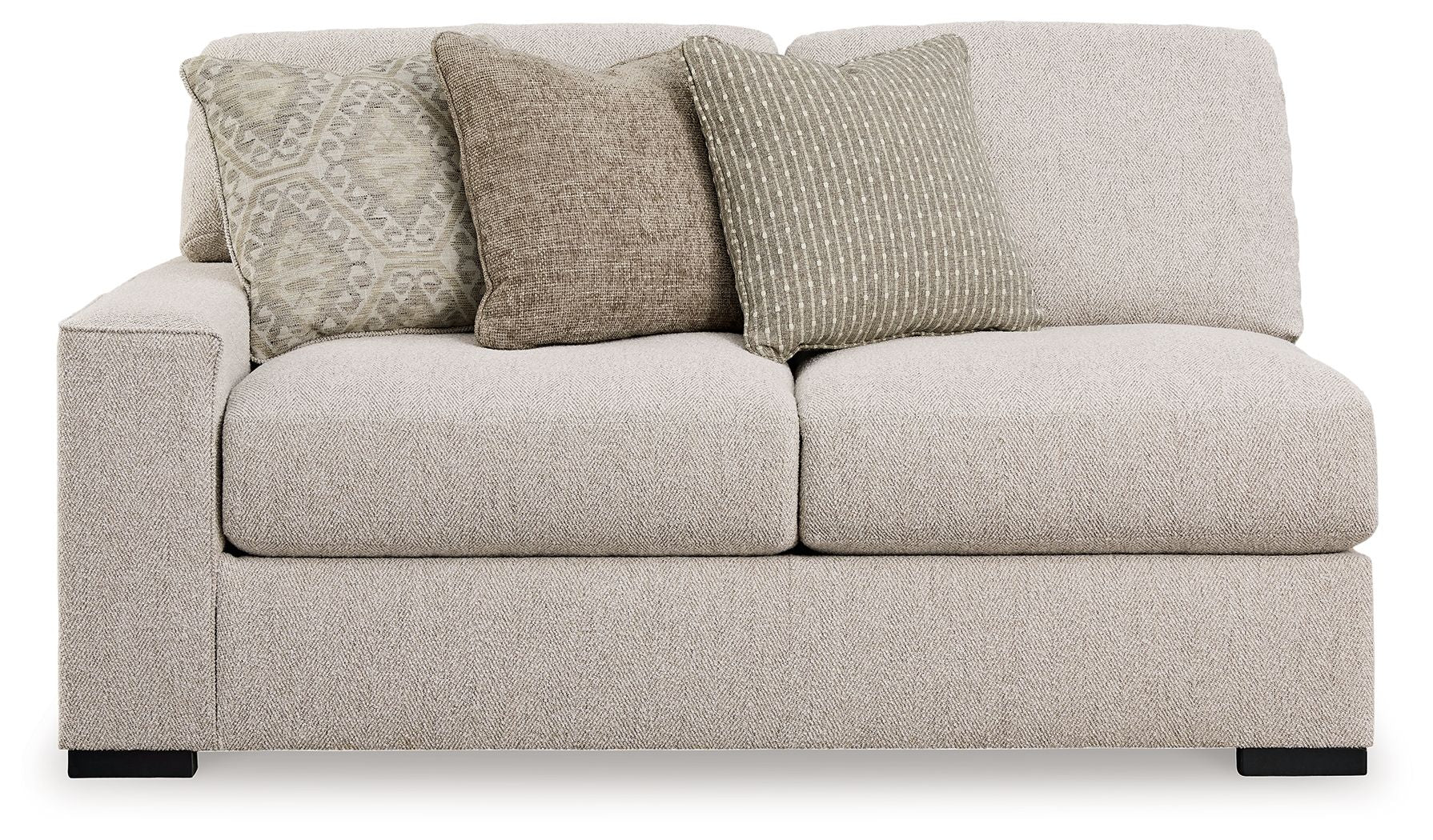 Sand-tone upholstered loveseat with two seat cushions and striped and textured throw pillows