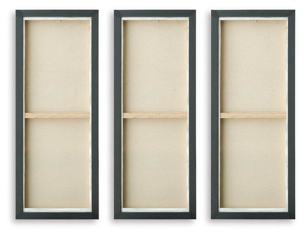 Set of 3 framed wall prints backs, dark frame borders with beige backing panels