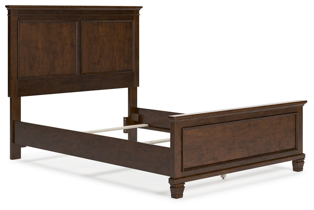 Dark brown panel bed frame with open under-bed storage and front drawer