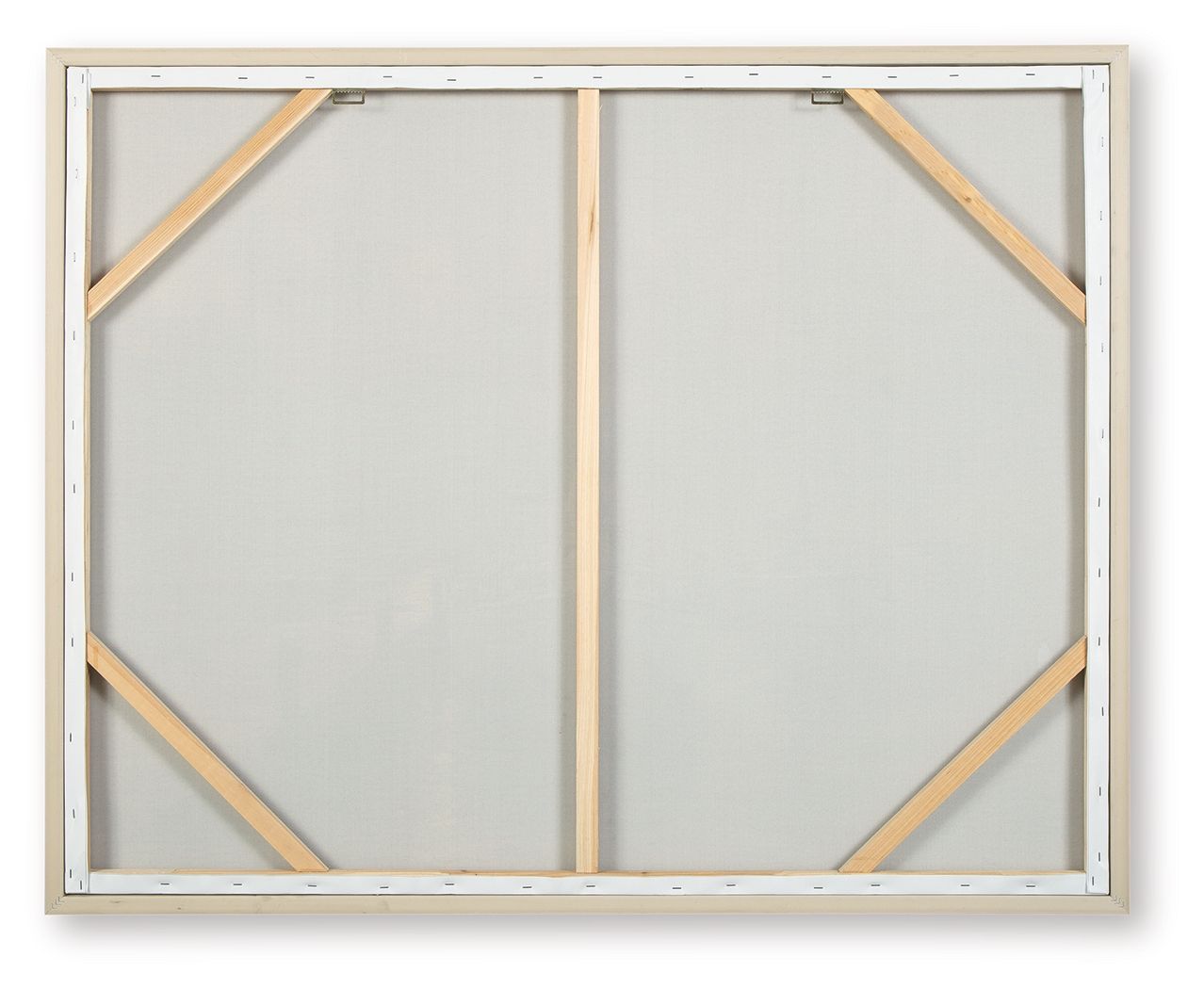Back of framed wall art with white backing and wood support frame