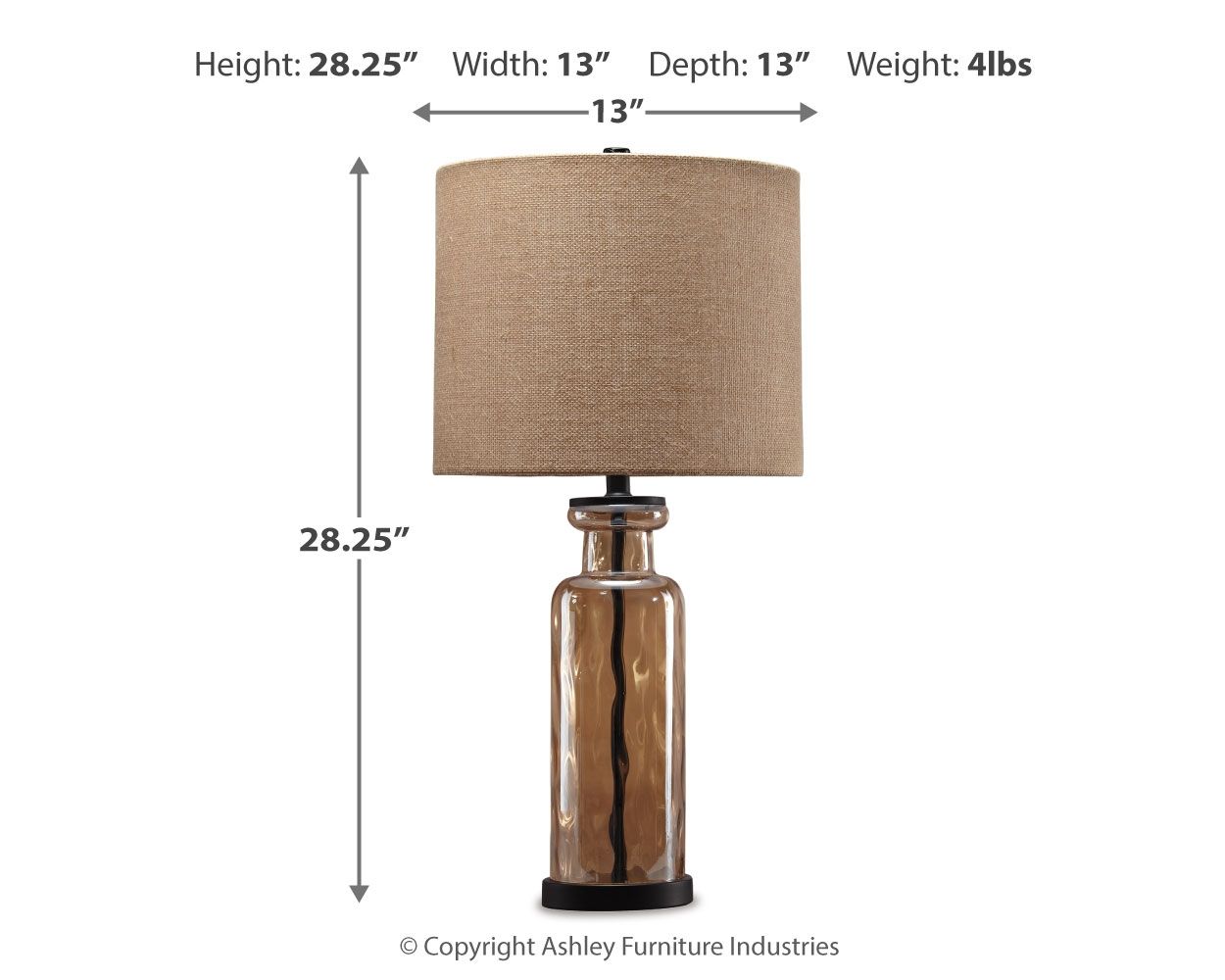 Champagne glass table lamp with drum shade and height/width diagram