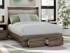 Dark brown panel storage bed with green and gray pillows and white duvet