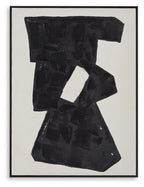 Framed abstract wall art with dark black stacked shapes and a cutout center