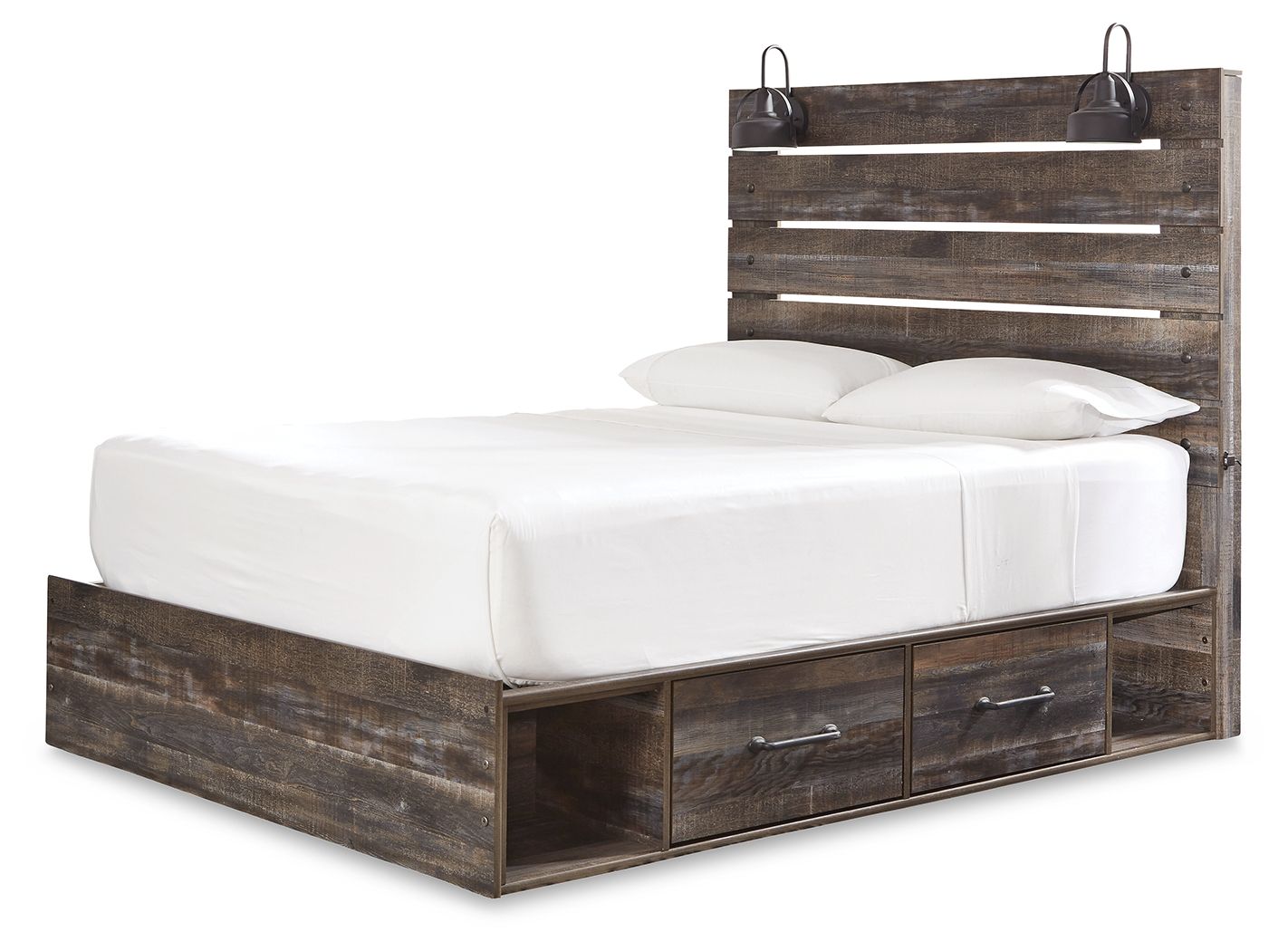 Panel bed with two side drawers, dark distressed wood, white mattress and pillows