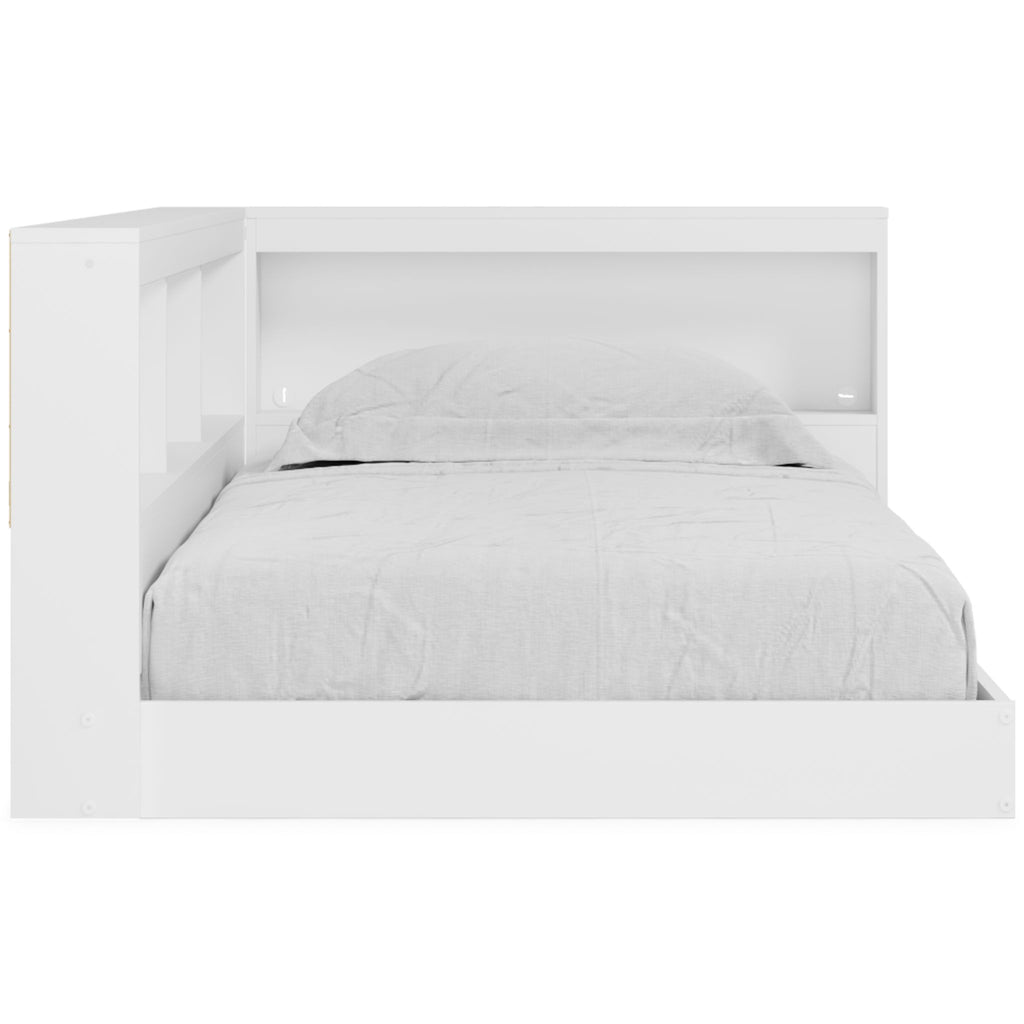 White storage bed with panel headboard and arched interior niche, fitted with gray bedding