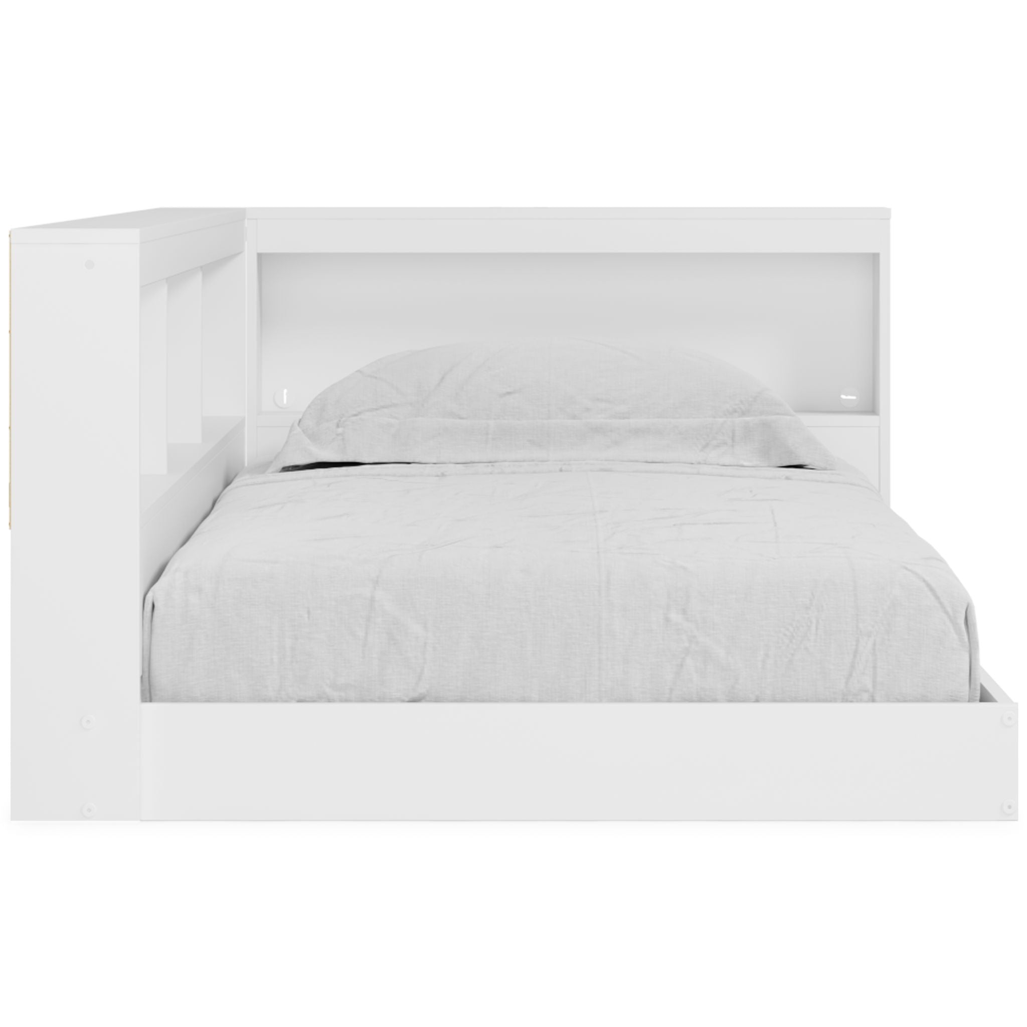 White storage bed with panel headboard and arched interior niche, fitted with gray bedding