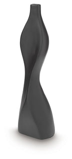 Black Judsen vase with tall curving shape, narrow top opening, and rounded base.