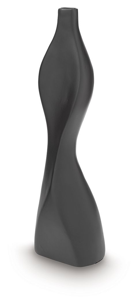 Black Judsen vase with tall curving shape, narrow top opening, and rounded base.