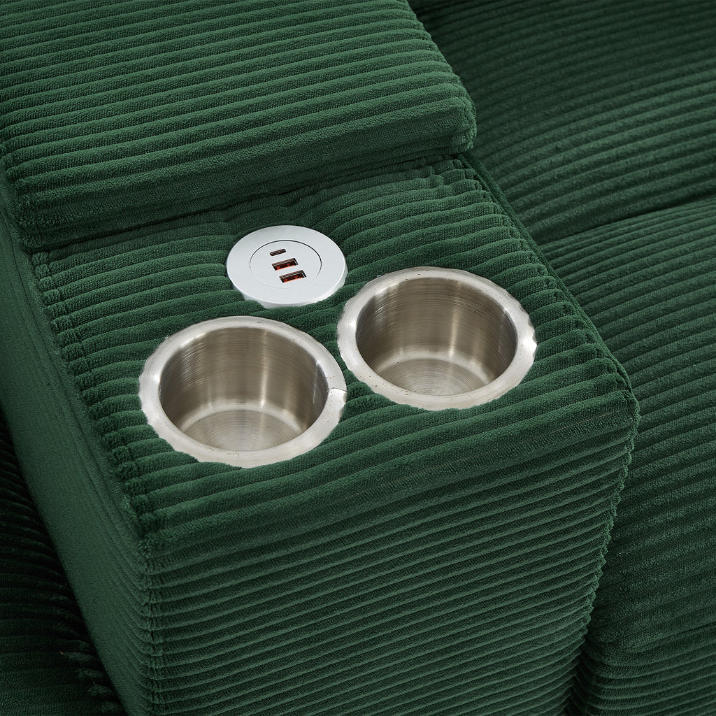 Green corduroy sectional arm storage with two metal cup holders