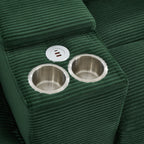 Green corduroy sectional arm storage with two metal cup holders