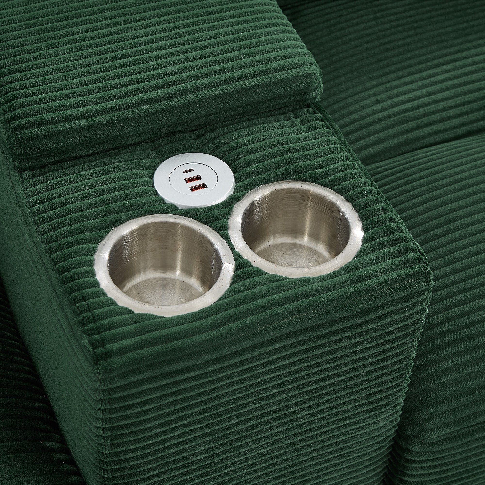 Green corduroy sectional arm storage with two metal cup holders