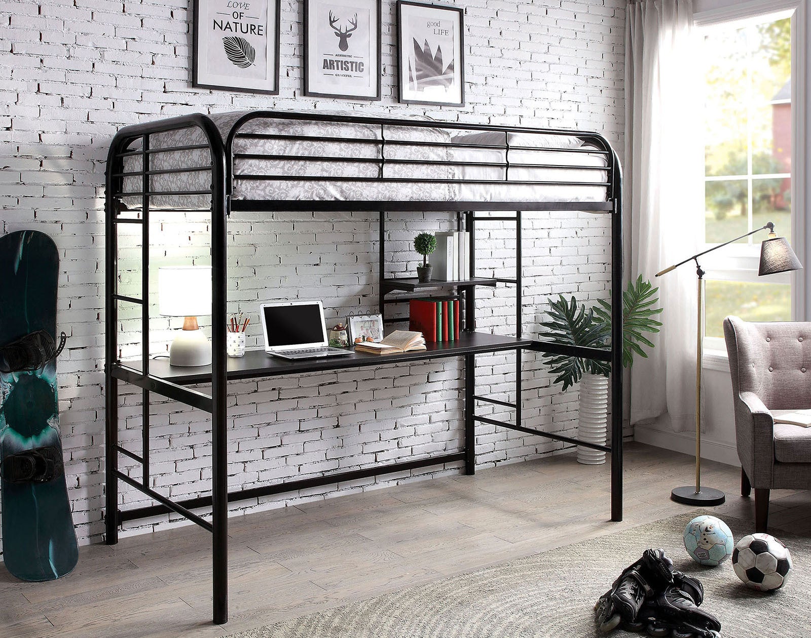 Black Twin Bed Workstation: Contemporary Metal Frame, Ladder, Storage