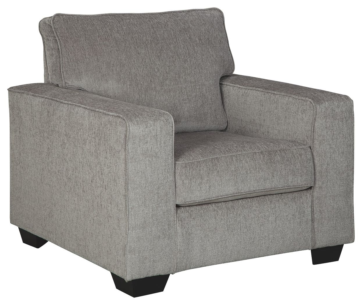 Light gray fabric arm chair with tall back, padded arms, and upholstered seat cushion