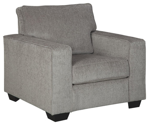 Light gray fabric arm chair with tall back, padded arms, and upholstered seat cushion