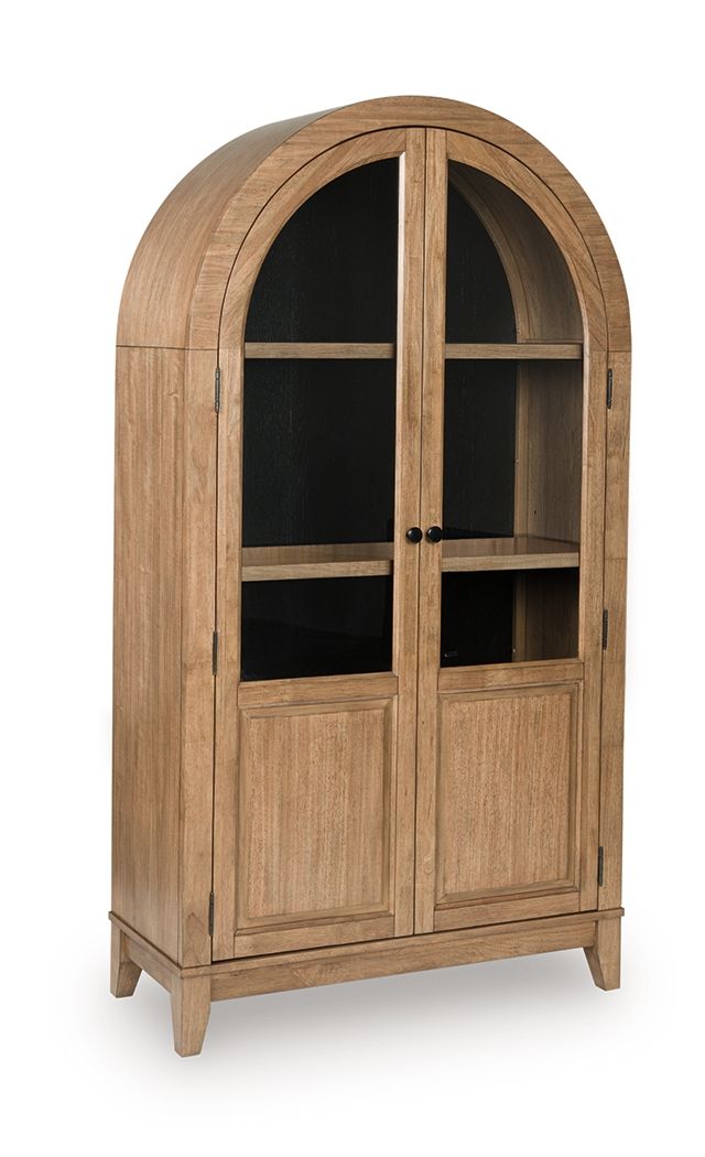 Light brown accent cabinet with arched glass doors and two interior shelves