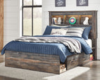 Panel bookcase bed with dark wood frame, open shelf headboard, and storage base drawers