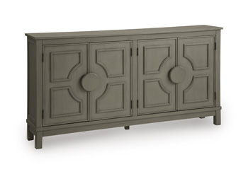 Warm gray accent cabinet with four carved door panels and bar handles