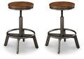 Set of 2 dark brown swivel stools with round cushioned seats and four legs