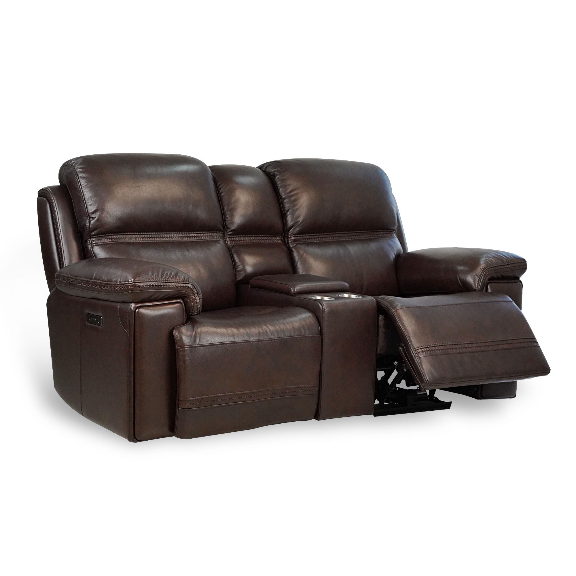 Timo Top Grain Leather Power Reclining Loveseat With Console, Adjustable Headrest, Storage, Steel Cup Holders, Cross Stitching