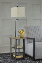 Black metal tray lamp with square beige shade and two-tier tray shelves