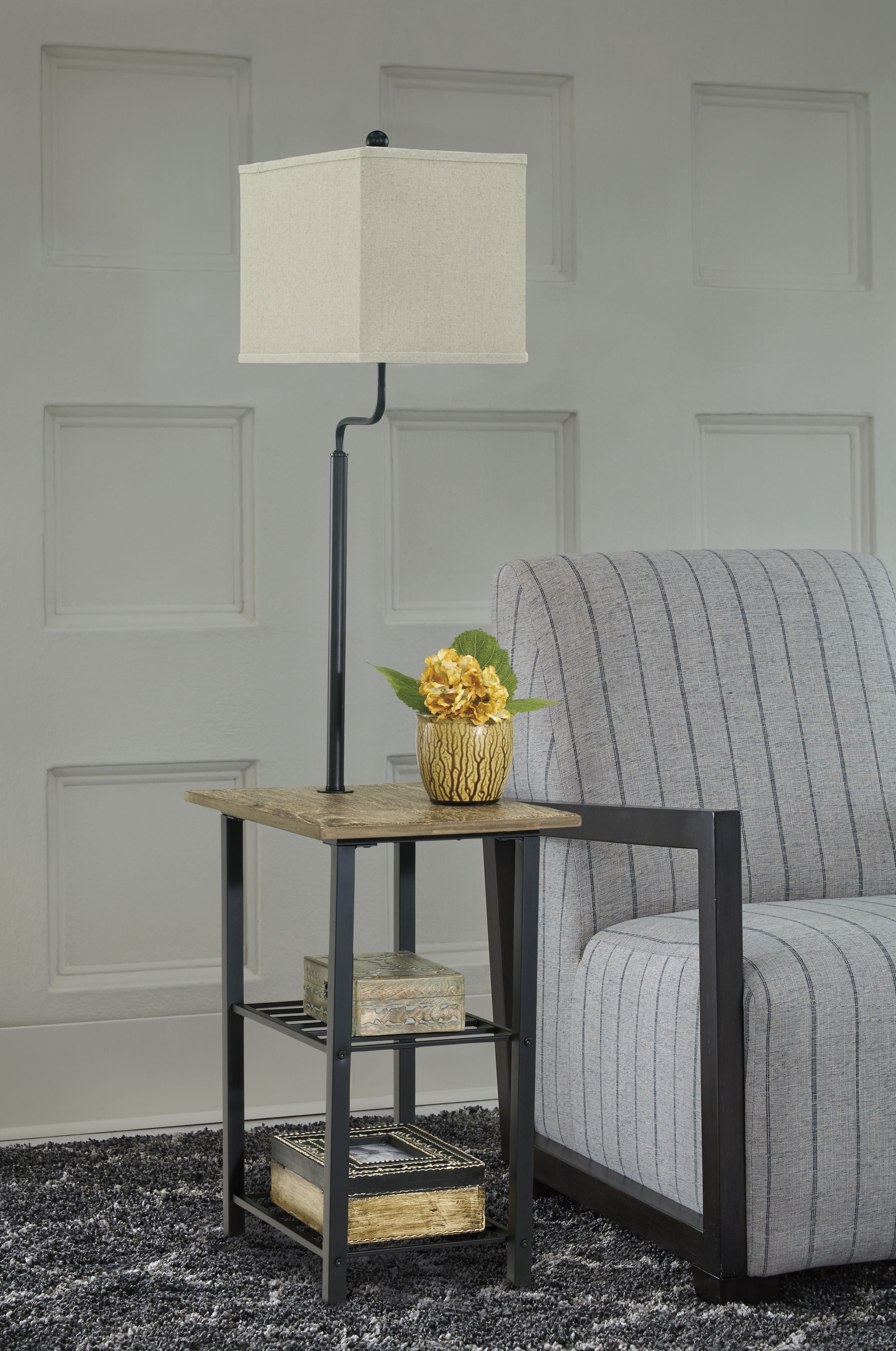 Black metal tray lamp with square beige shade and two-tier tray shelves