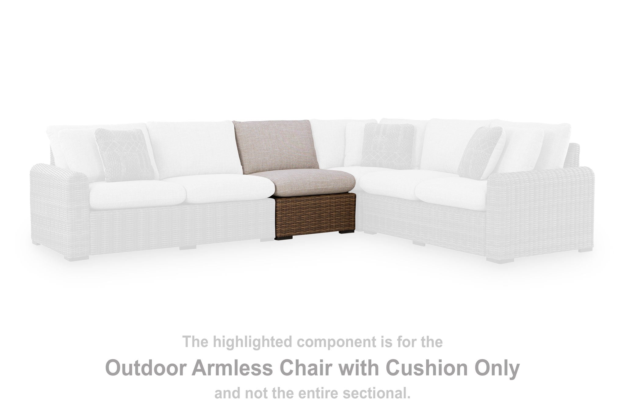 Woven wicker armless chair with beige cushion, part of a sectional layout