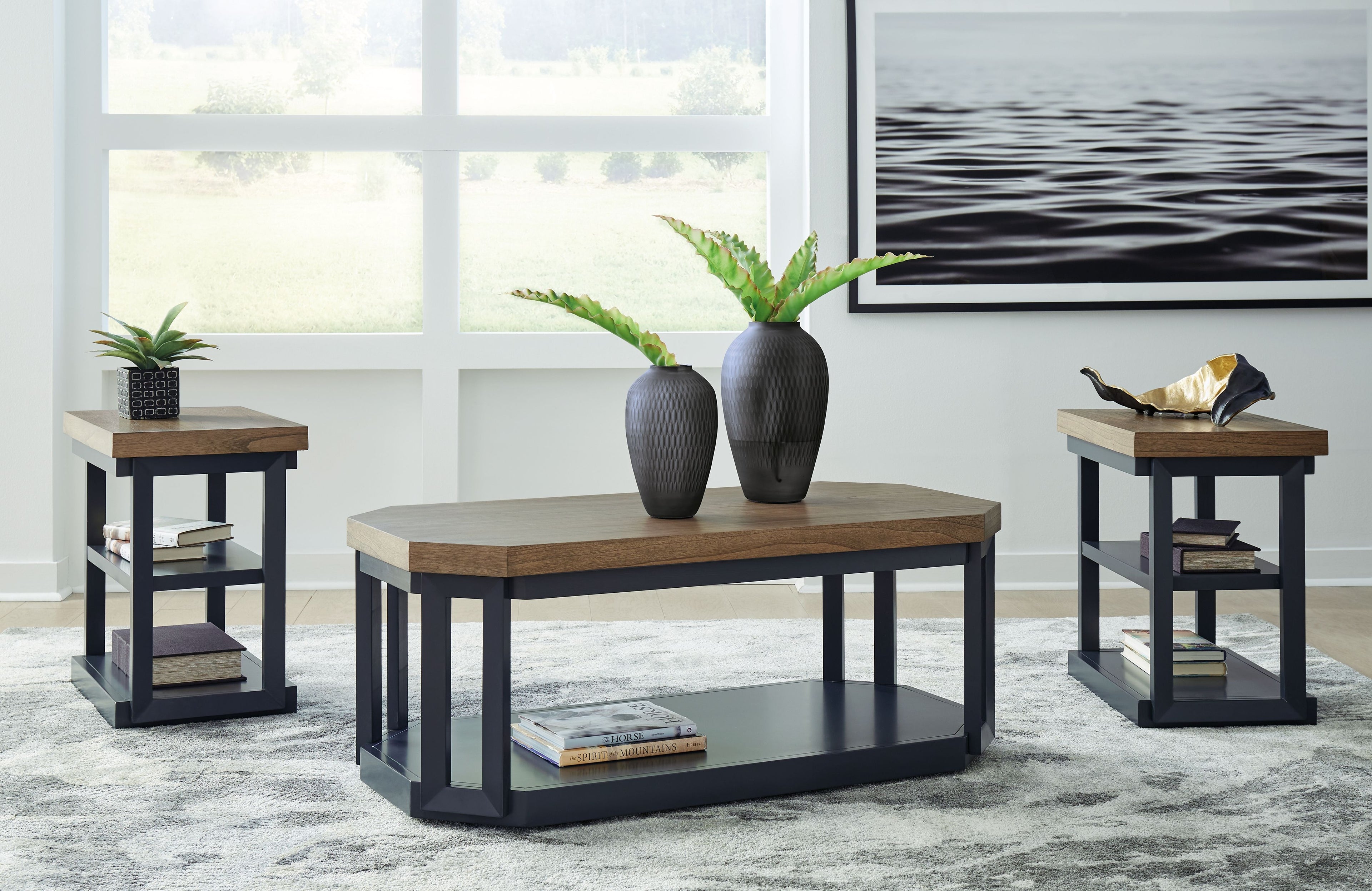 Landocken occasional table set with brown tabletops and dark blue-gray frames